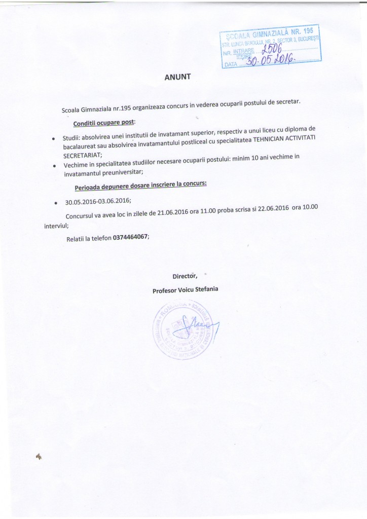 ANUNT- Concurs pentru ocuparea postului de SECRETAR