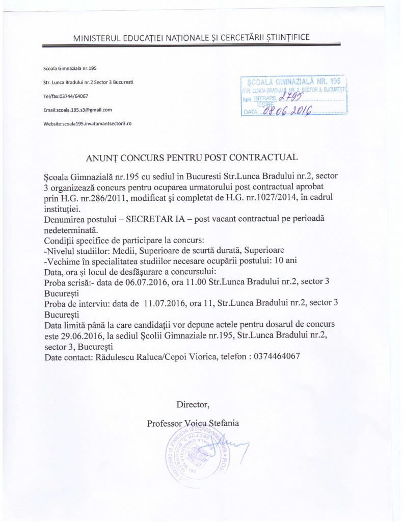 ANUNT CONCURS- POSTUL SECRETAR