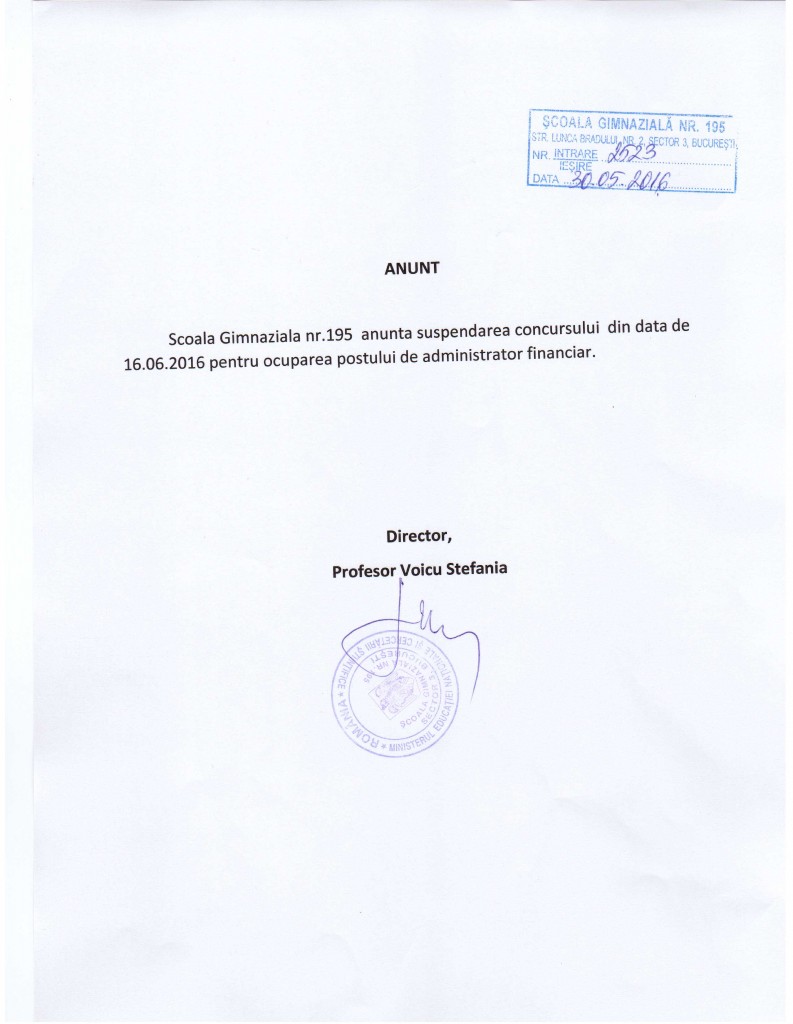 ANUNT- Suspendarea concursului pentru postul de Administrator Financiar, din 16.06.2016