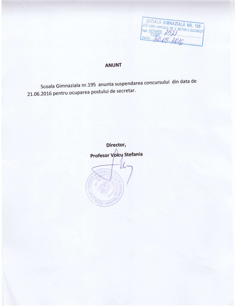 ANUNT- Suspendarea concursului pentru postul de Secretar, din 21.06.2016